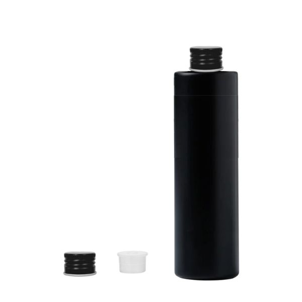 Botella 250 ml HDPE Negro Recta con Tapón Aluminio Negro con Obturador (24/410) - Botellas HDPE