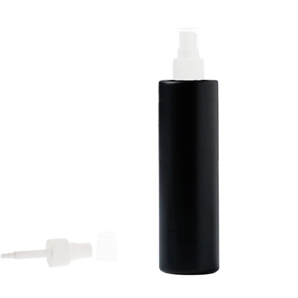 Botella 250 ml HDPE Negro Recta con Vaporizador Blanco Invertido 360º (24/410) - Botellas HDPE