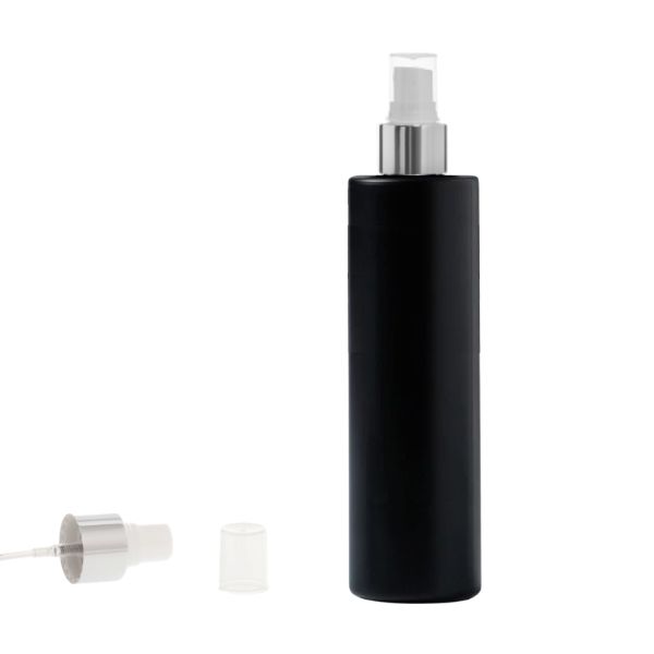 Botella 250 ml HDPE Negro Recta con Vaporizador Plata Aluminio (24/410) - Botellas HDPE