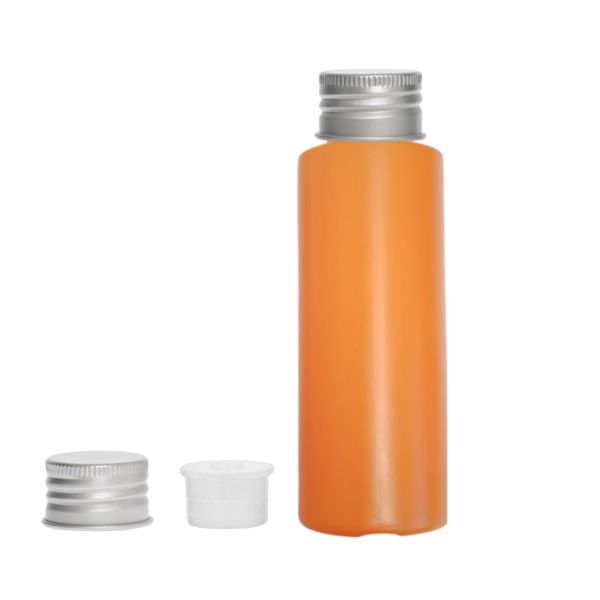 Botella 100 ml HDPE Naranja con Tapón Aluminio Plata y Obturador (24/410) - Botellas HDPE