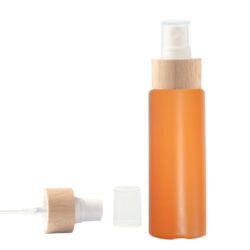 Botella 100 ml HDPE Naranja con Vaporizador Blanco Funda de Madera (24/410) - Botellas HDPE