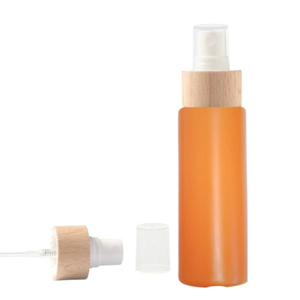 Botella 100 ml HDPE Naranja con Vaporizador Blanco Funda de Madera (24/410) - Botellas HDPE