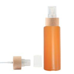 Botella 100 ml HDPE Naranja con Vaporizador Traslúcido Funda de Madera (24/410) - Botellas HDPE
