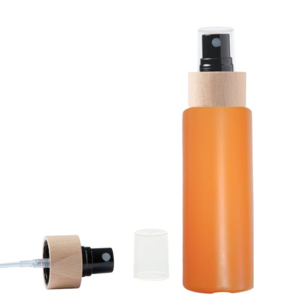 Botella 100 ml HDPE Naranja con Vaporizador Negro Funda de Madera (24/410) - Botellas HDPE