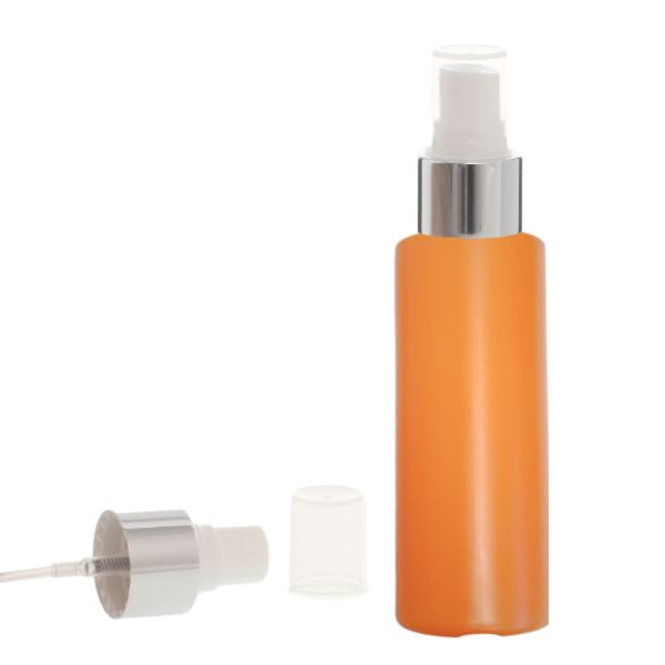 Botella 100 ml HDPE Naranja con Vaporizador Blanco Funda de Aluminio Plata (24/410) - Botellas HDPE