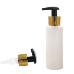 Botella 100 ml HDPE Traslucido con Dosificador Negro con funda aluminio oro (24/410) - Botellas HDPE