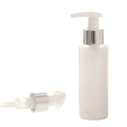 Botella 100 ml HDPE Traslucido con Dosificador Blanco con funda aluminio plata (24/410) - Botellas HDPE