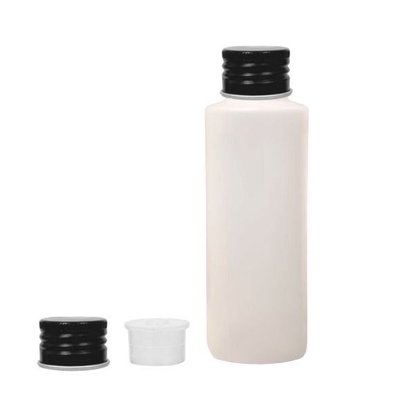 Botella 100 ml HDPE Traslucido con Tapón Aluminio Negro y Obturador (24/410) - Botellas HDPE