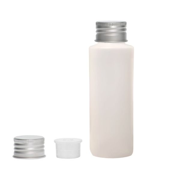 Botella 100 ml HDPE Traslucido con Tapón Aluminio Plata y Obturador (24/410) - Botellas HDPE