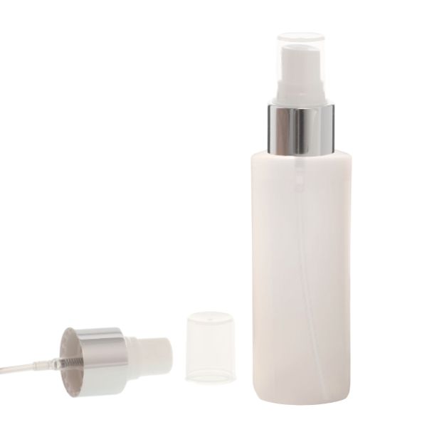 Botella 100 ml HDPE Traslucido con Vaporizador Blanco Funda Aluminio Plata (24/410) - Botellas HDPE