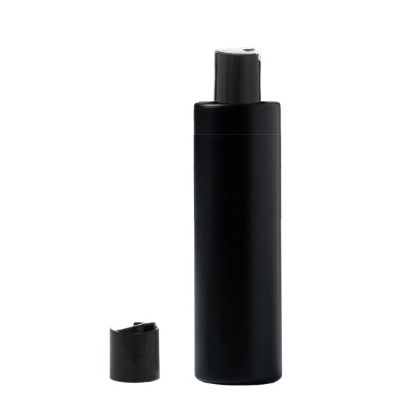 Botella 250 ml HDPE Negro Recta con Tapón Disc-Top Azul (24/410) - Botellas HDPE
