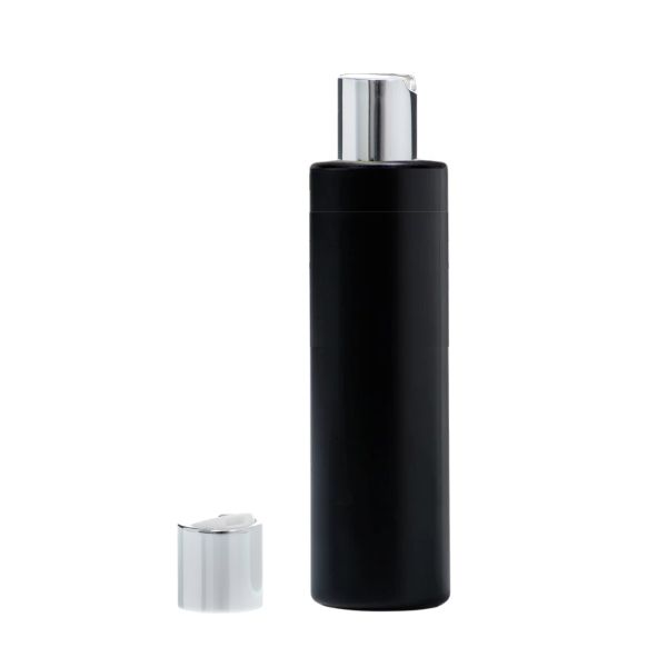 Botella 250 ml HDPE Negro Recta con Tapón Disc-Top Plata Aluminio (24/410) - Botellas HDPE