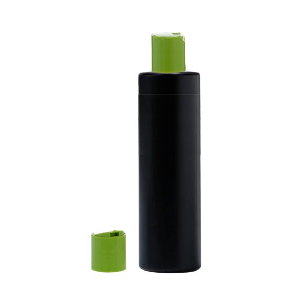 Botella 250 ml HDPE Negro Recta con Tapón Disc-Top Verde (24/410) - Botellas HDPE