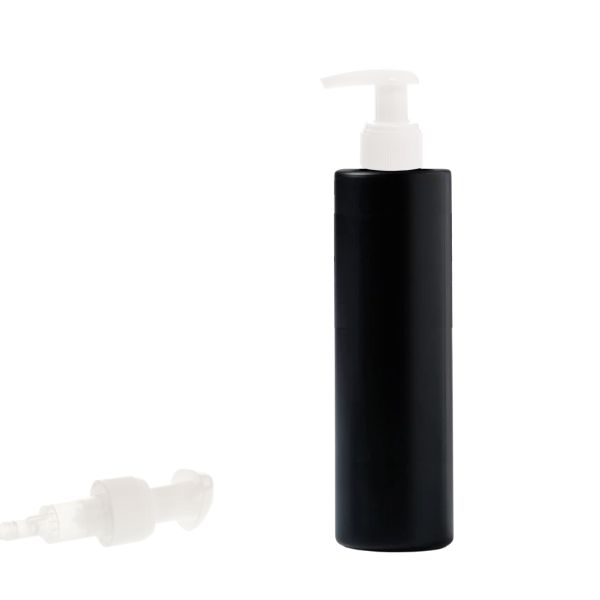 Botella 250 ml HDPE Negro Recta con Dosificador Ancho Blanco (24/410) - Botellas HDPE