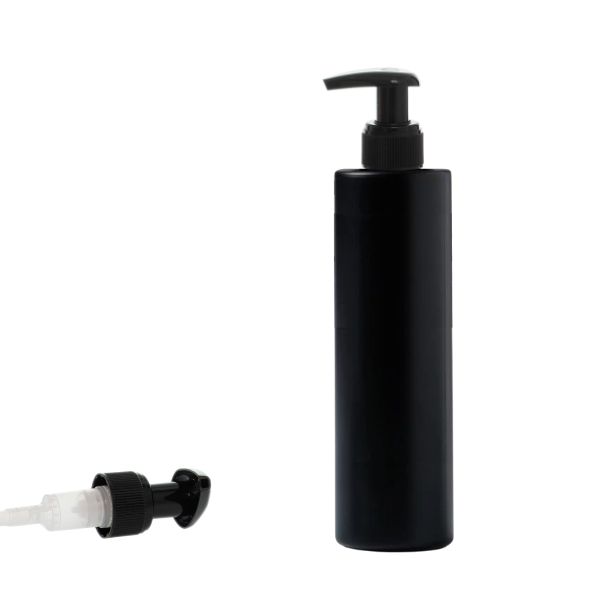 Botella 250 ml HDPE Negro Recta con Dosificador Ancho Negro (24/410) - Botellas HDPE