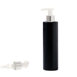 Botella 250 ml HDPE Negro Recta con Dosificador Ancho Plata Aluminio (24/410) - Botellas HDPE
