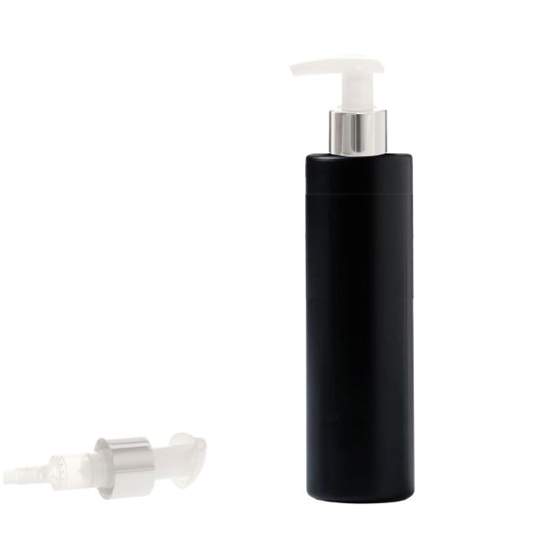 Botella 250 ml HDPE Negro Recta con Dosificador Ancho Plata Aluminio (24/410) - Botellas HDPE