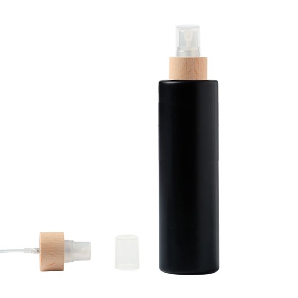 Botella 250 ml HDPE Negro Recta con Vaporizador Natural Funda de Madera (24/410) - Botellas HDPE