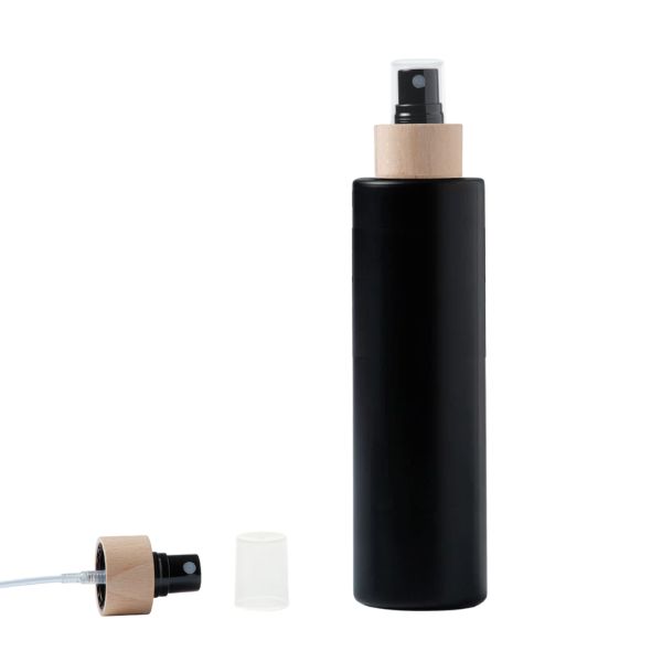 Botella 250 ml HDPE Negro Recta con Vaporizador Negro Funda de Madera (24/410) - Botellas HDPE