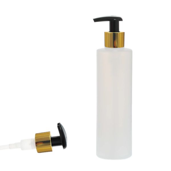 Botella 250 ml HDPE Traslúcido Recta con Dosificador Negro con Funda Aluminio Oro (24/410) - Botellas HDPE