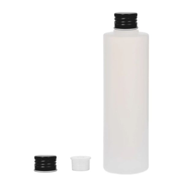 Botella 250 ml HDPE Traslúcido Recta con Tapón Aluminio Negro con Obturador (24/410) - Botellas HDPE