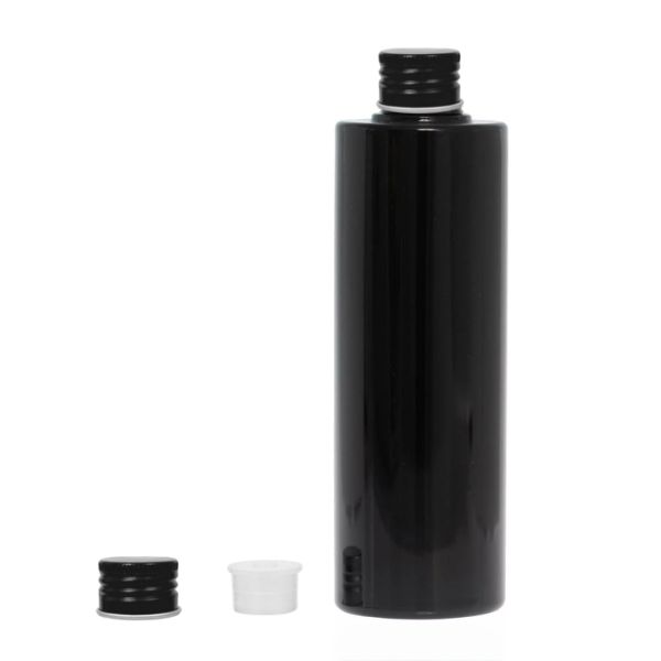 Botella 250 ml PET Negro con Tapón Aluminio Negro y Obturador (24/410) - Botellas PET