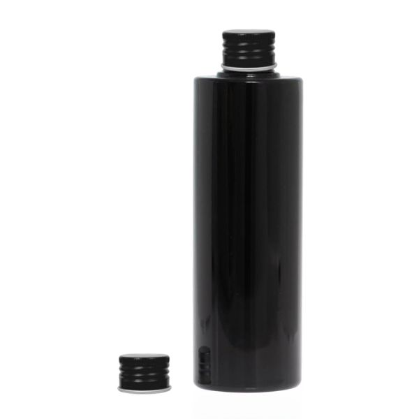 Botella 250 ml PET Negro con Tapón Aluminio Negro (24/410) - Botellas PET