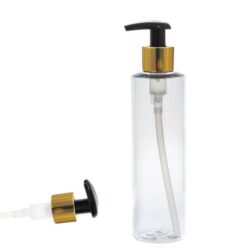Botella 250 ml PET Transparente con Dosificador Ancho Negro con Funda Aluminio Oro (24/410) - Botellas PET