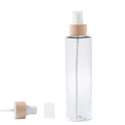 Botella 250 ml PET Transparente con Vaporizador Blanco Funda de Madera (24/410) - Botellas PET