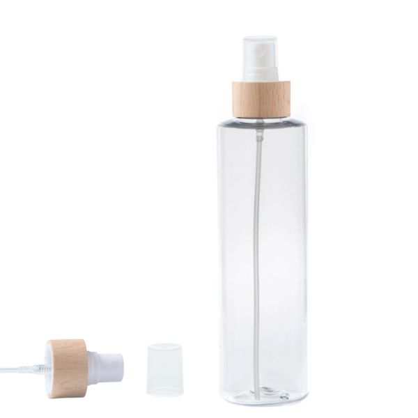 Botella 250 ml PET Transparente con Vaporizador Blanco Funda de Madera (24/410) - Botellas PET
