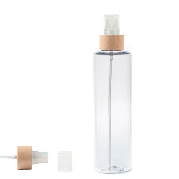 Botella 250 ml PET Transparente con Vaporizador Traslúcido Funda de Madera (24/410) - Botellas PET