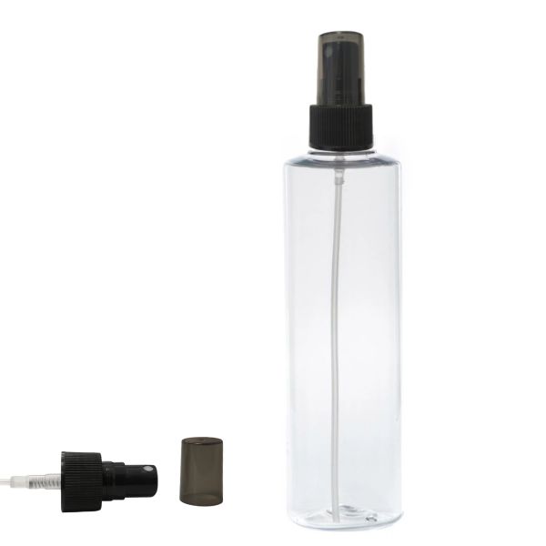 Botella 250 ml PET Transparente con Vaporizador Negro y Capuchón Ahumado (24/410) - Botellas PET