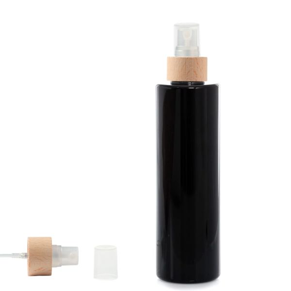 Botella 300 ml PET Negro con Spray Traslúcido y Funda Madera (24/410) - Botellas PET