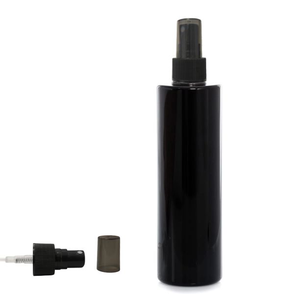 Botella 300 ml PET Negro con Spray Negro y Capuchón Ahumado (24/410) - Botellas PET