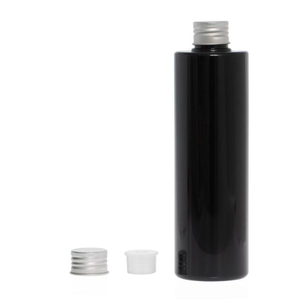 Botella 300 ml PET Negro con Tapón Aluminio Plata con Obturador (24/410) - Botellas PET