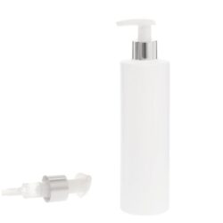 Botella 300 ml PET Blanco con Dosificador Blanco Funda Aluminio Plata (24/410) - Botellas PET