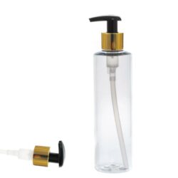 Botella 300 ml PET Transparente con Dosificador Negro y Funda Aluminio Oro (24/410) - Botellas PET
