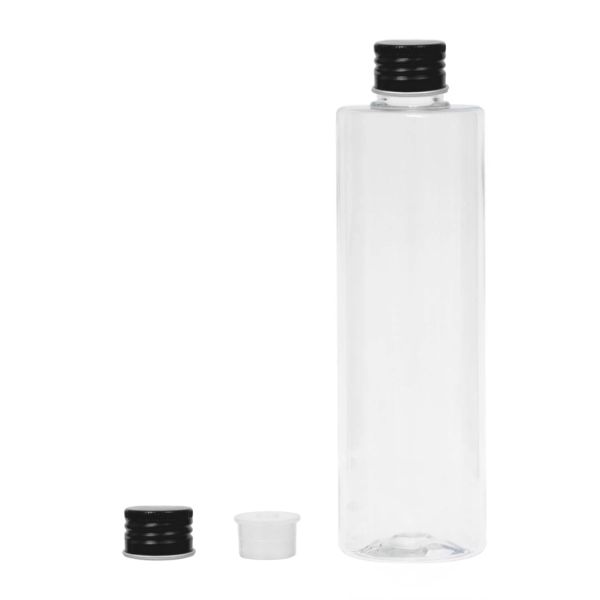 Botella 300ml PET Transparente con Tapón Aluminio Negro y Obturador (24/410) - Botellas PET