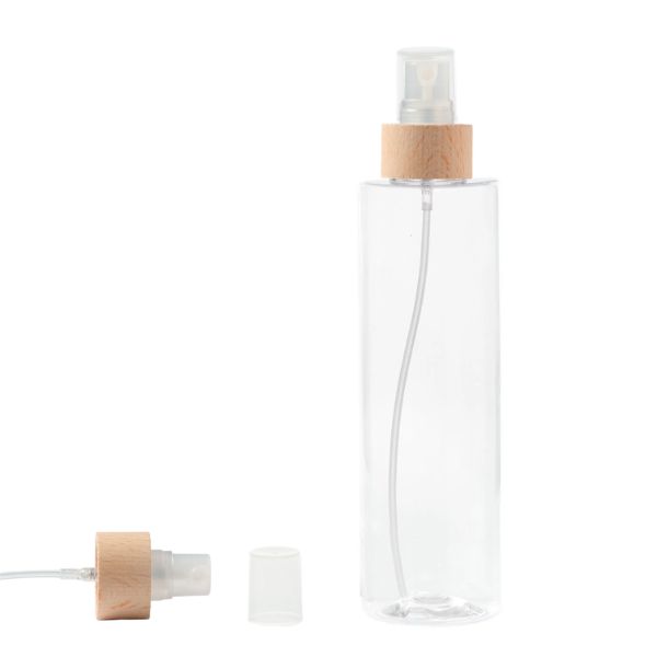 Botella 300 ml PET Transparente con Vaporizador Traslúcido Funda de Madera (24/410) - Botellas PET