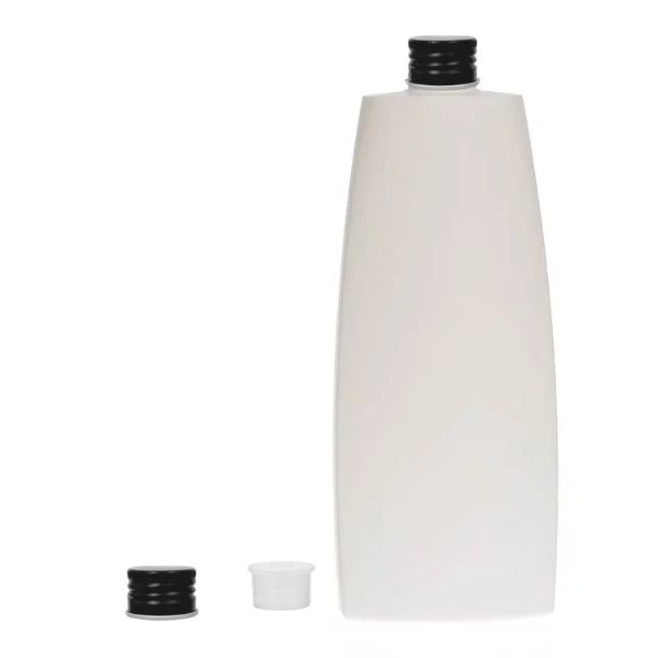 Botella Oval 400 ml HDPE Blanca con Tapón Aluminio Negro y Obturador (24/410) - Botellas HDPE