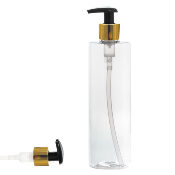 Botella 400 ml PET Transparente con Dosificador Negro Funda Aluminio Oro (24/410) - Botellas PET