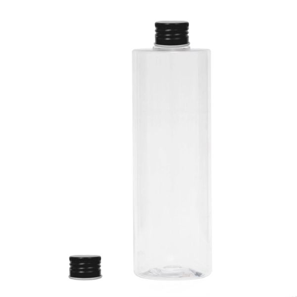 botella 400 ml pet hombro recto transparente con tapón aluminio negro