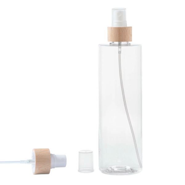 Botella 400 ml PET Transparente con Vaporizador Blanco Funda de Madera (24/410) - Botellas PET