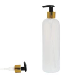 Botella 500 ml HDPE Traslúcido con Dosificador Ancho Negro y Funda Aluminio Oro (24/410) - Botellas HDPE