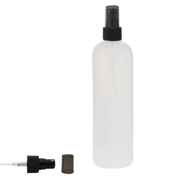 Botella 500 ml HDPE Traslúcido con Vaporizador Negro y Capuchón Ahumado (24/410) - Botellas HDPE