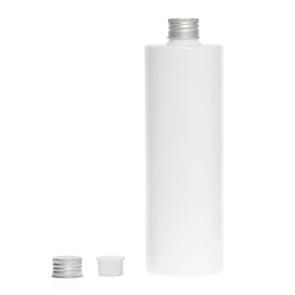 botella 500 ml pet blanco de hombro recto con tapón aluminio plata y obturador