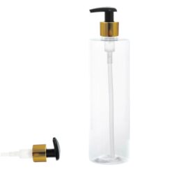 Botella 500 ml PET Transparente con Dosificador Ancho Negro y Funda Aluminio Oro (24/410) - Botellas PET