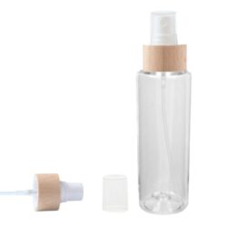Botella 150 ml PET Transparente con Vaporizador Blanco Funda Madera (24/410) - Botellas PET