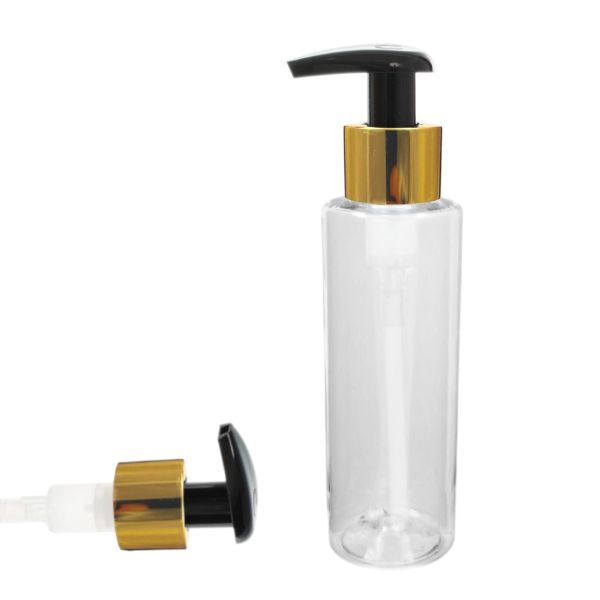 Botella 150 ml PET Transparente con Dosificador Negro con Aluminio Oro (24/410) - Botellas PET