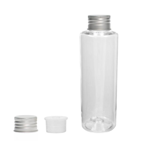 Botella 150 ml PET transparente hombro recto con tapón aluminio plata y obturador